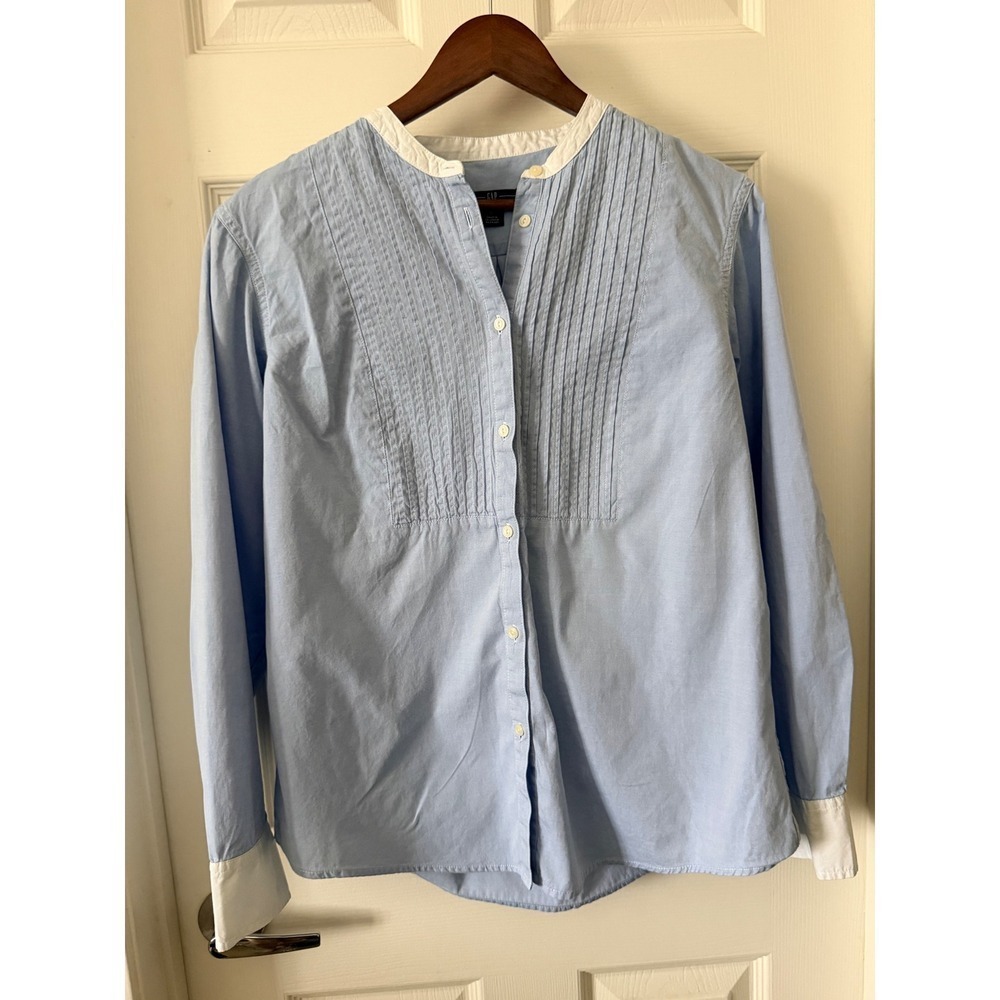 Gap Women Blue Cotton Pintuck Tuxedo Shirt Band Collar White Cuff Large